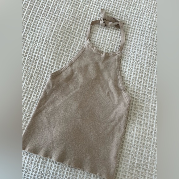 Beige tan halter stretchy nude knit adjustable string summer top - Picture 1 of 2